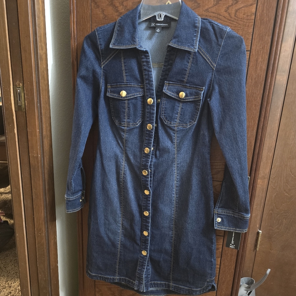 NEW- INC petite long sleave denim dress